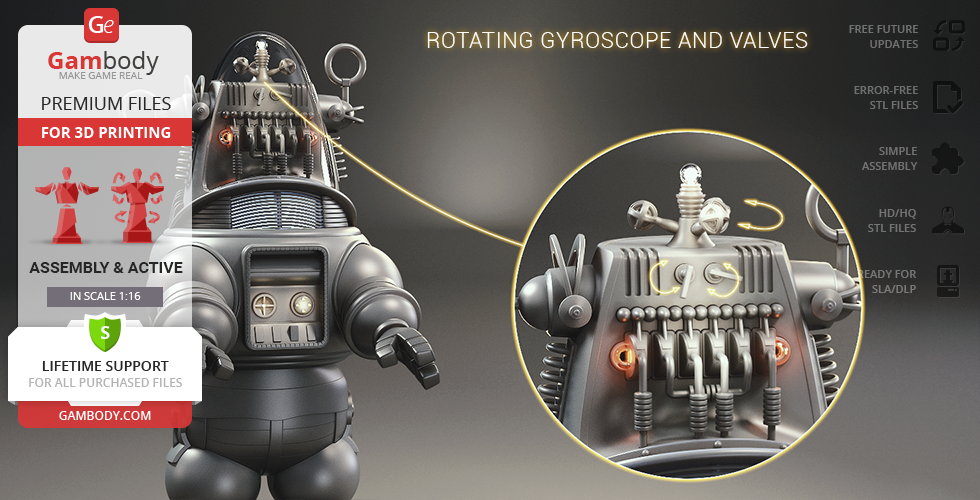 A detailed 3D model of Robby the Robot, highlighting rotating gyroscope and valve features.