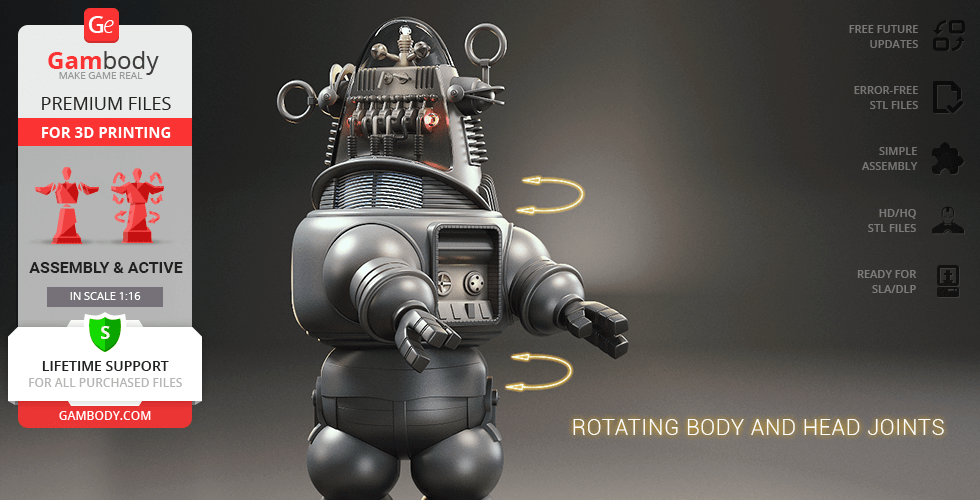 3D model of a vintage robot with rotating joints, ready for 3D printing. Premium files available.