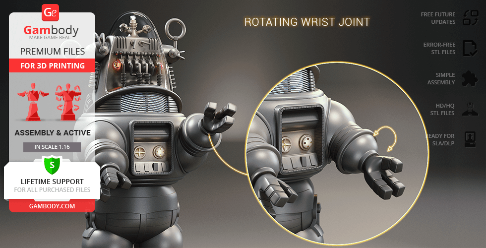 A detailed model of Robby the Robot showing its rotating wrist joint for 3D printing.