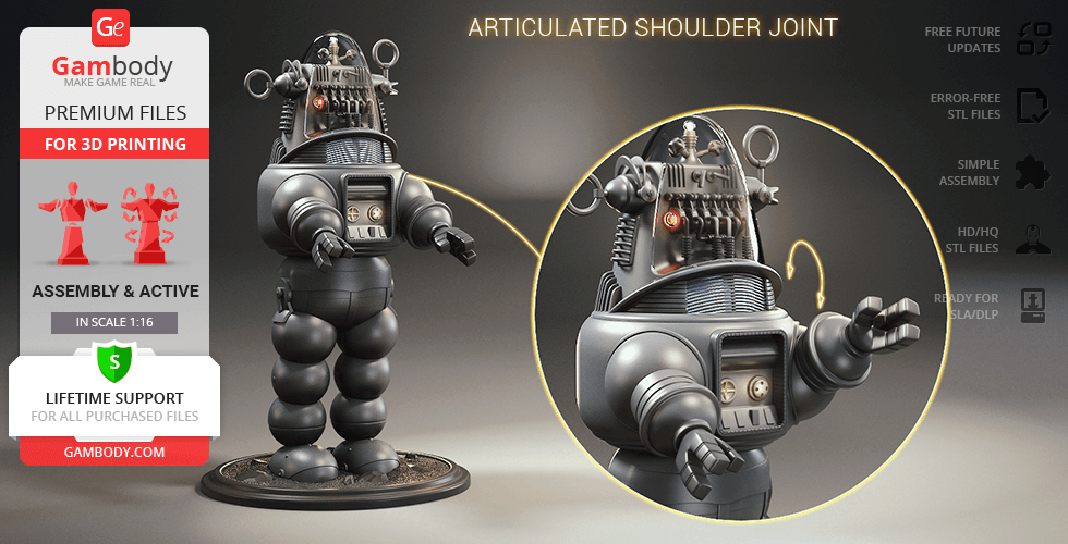 A detailed 3D model of a retro robot with articulated joints, suitable for 3D printing.
