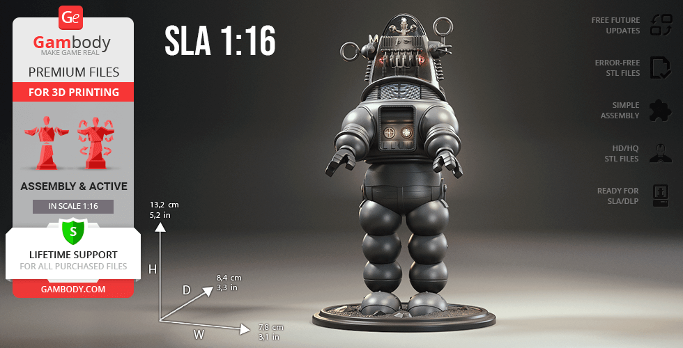 A sleek robot model with a bubble-like head and round limbs, designed for 3D printing at 1:16 scale.