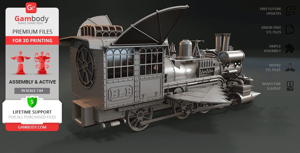 3D model of a Jules Verne-inspired locomotive for printing; detailed design, available from Gambody.