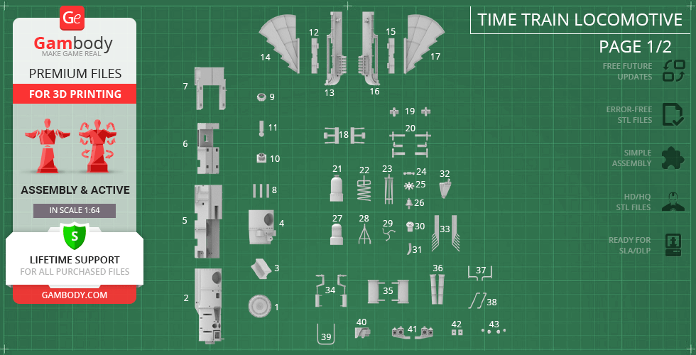 STL file parts layout for Jules Verne Train Locomotive, including diverse detailed components for 3D printing.