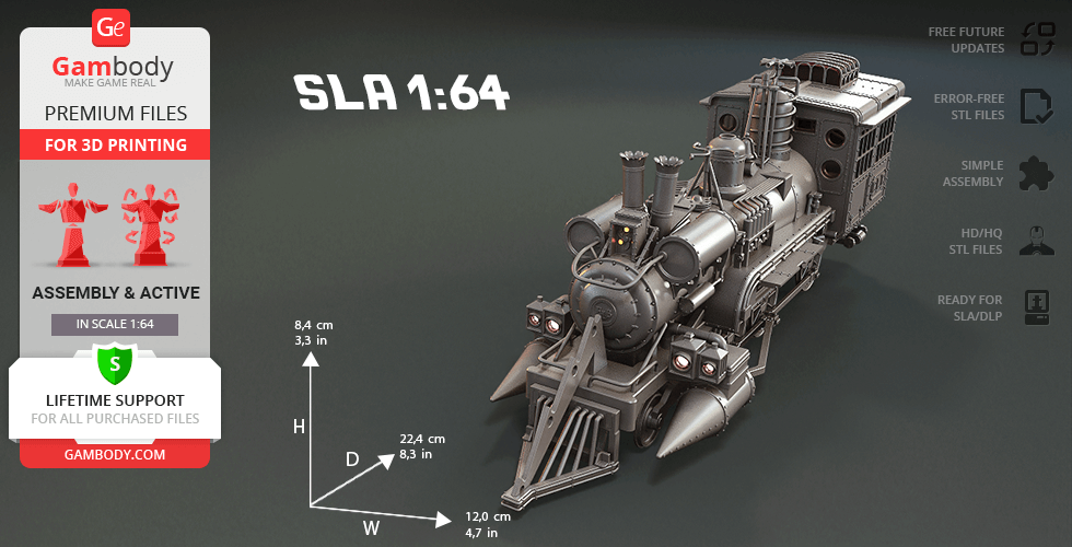 A detailed 3D model of a Jules Verne-inspired steam locomotive, shown in scale 1:64 for 3D printing.