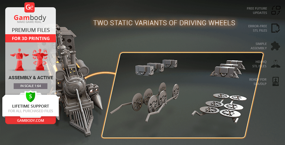 3D model of a detailed train locomotive with two static variants of driving wheels, designed for printing.