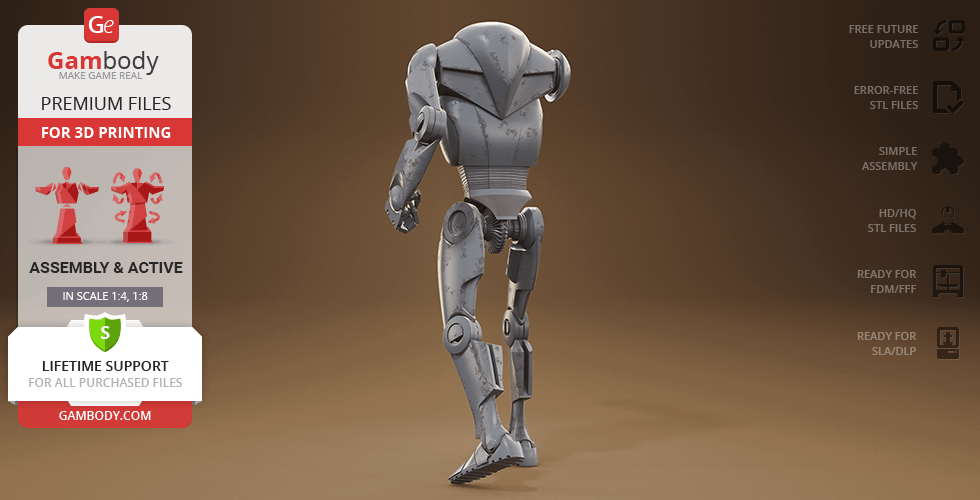 A 3D model of a Super Battle Droid from the back, designed for 3D printing.