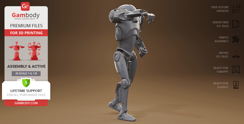 A detailed Super Battle Droid 3D model for printing, shown in a dynamic pose.