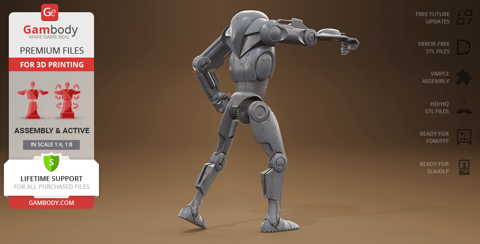 A 3D model of a Super Battle Droid with articulated limbs, designed for 3D printing.