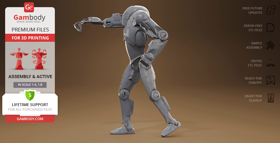 A detailed 3D model of a Super Battle Droid, posed for 3D printing.