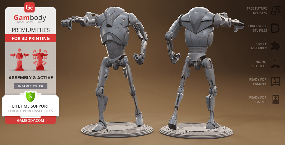 Two gray Super Battle Droid models posed on round bases for 3D printing.