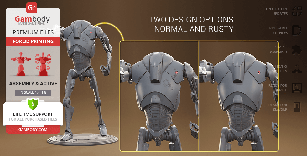 3D model of a Super Battle Droid for printing, featuring normal and rusty design options.