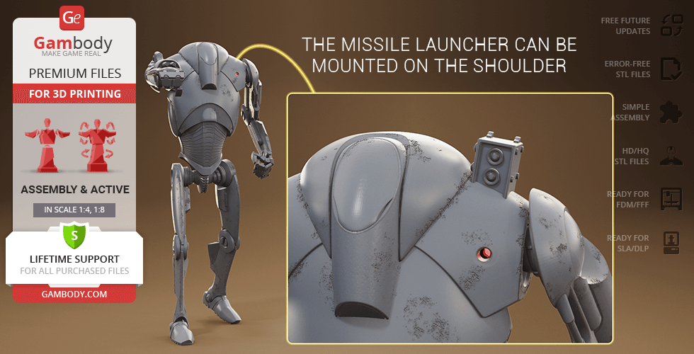 3D model of a Super Battle Droid with shoulder-mounted missile launcher for printing.