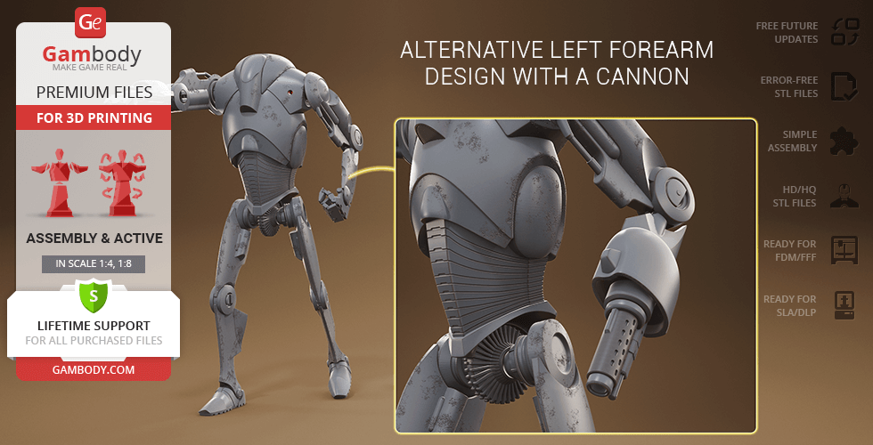 A 3D model of a futuristic robot with an alternate cannon forearm, designed for printing, shown on a brown background.