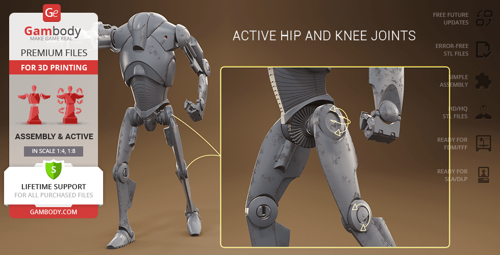 A 3D model of a Super Battle Droid with active hip and knee joints from Gambody for 3D printing.