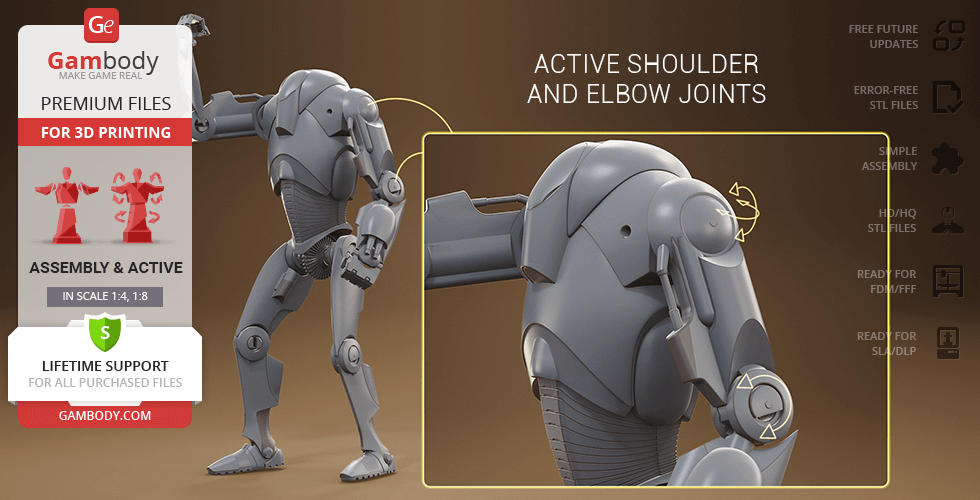 3D model of a robotic droid with articulated shoulder and elbow joints, ready for 3D printing.