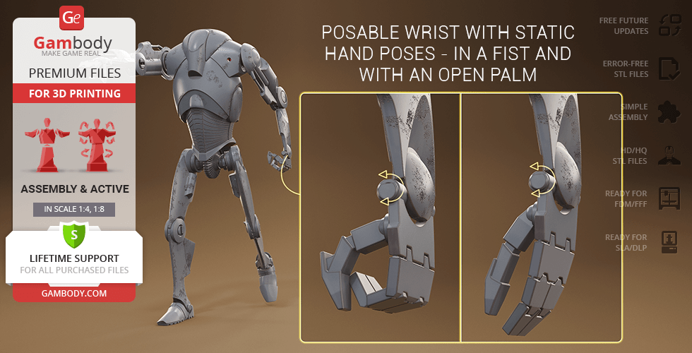 A detailed 3D model of a Super Battle Droid with posable wrists and interchangeable hand poses.