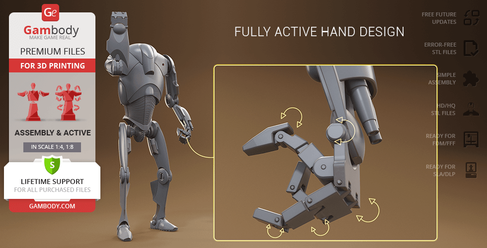 A 3D model of a Super Battle Droid showcasing a fully articulated hand design for 3D printing.