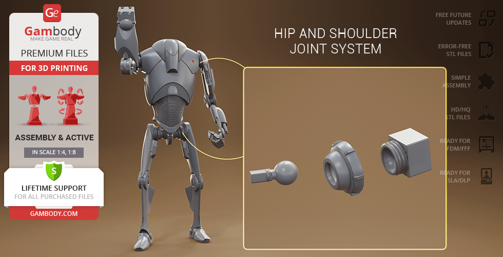 3D model of a battle droid with detailed hip and shoulder joint system components.