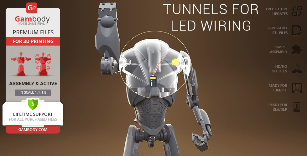 A 3D model of a Super Battle Droid with LED wiring tunnels, designed for 3D printing from Gambody.