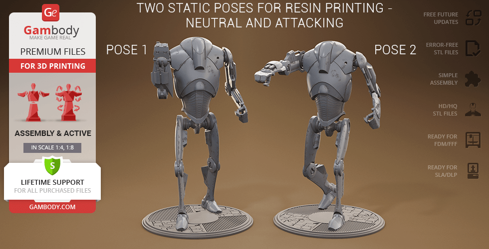Two Super Battle Droid 3D models in neutral and attacking poses, ready for resin printing.