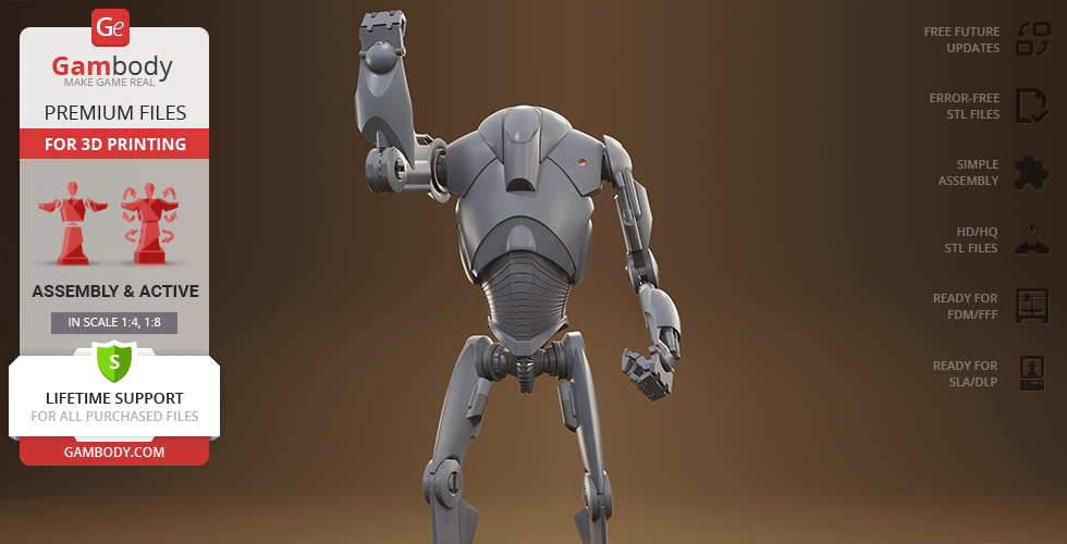 3D model of a Super Battle Droid in a dynamic pose, designed for 3D printing, shown on a brown background.