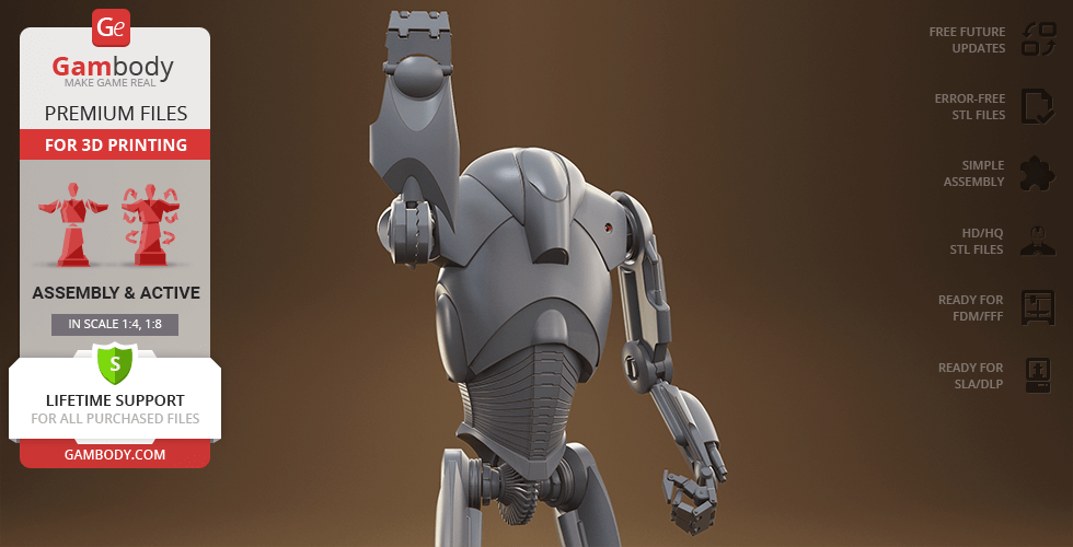3D model of a Super Battle Droid with articulated limbs, designed for 3D printing.