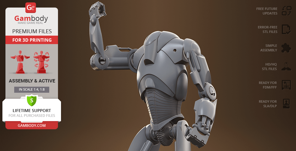 A detailed 3D model of a futuristic battle droid, posed with an arm raised, designed for 3D printing.