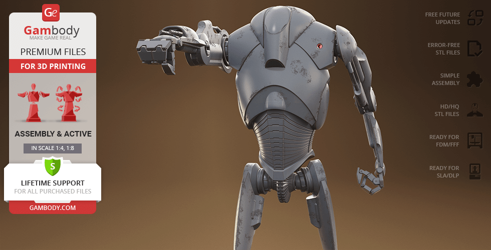 A 3D model of a robotic battle droid with bulky armor and mechanical limbs, featured for 3D printing.