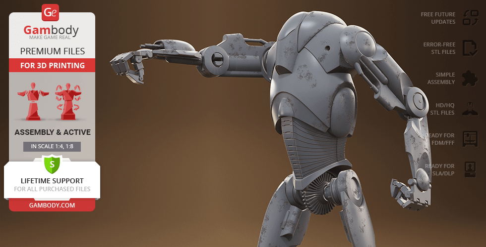 A detailed 3D model of a battle droid with articulated limbs, posed as if in motion.