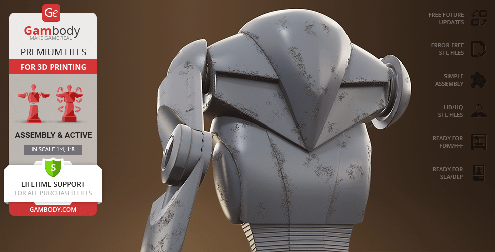 A detailed 3D model of a battle droid, showing its head and shoulder, ready for 3D printing.