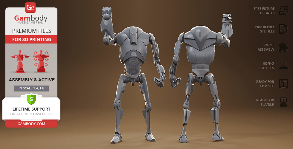 Two articulated robot figures designed for 3D printing, shown in a ready-to-assemble format.
