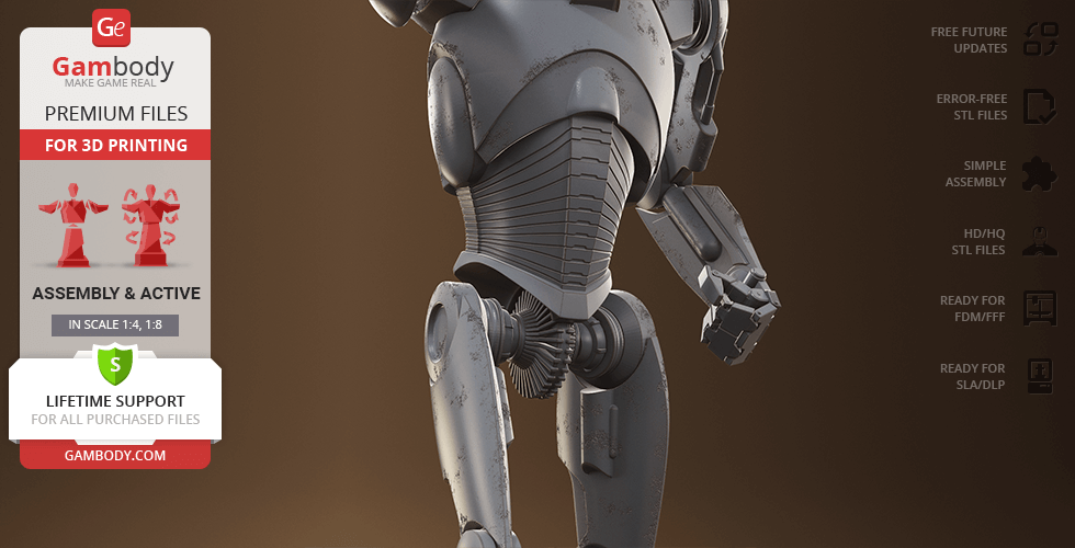 A detailed 3D model of a Super Battle Droid, showcasing intricate mechanical features and joints.