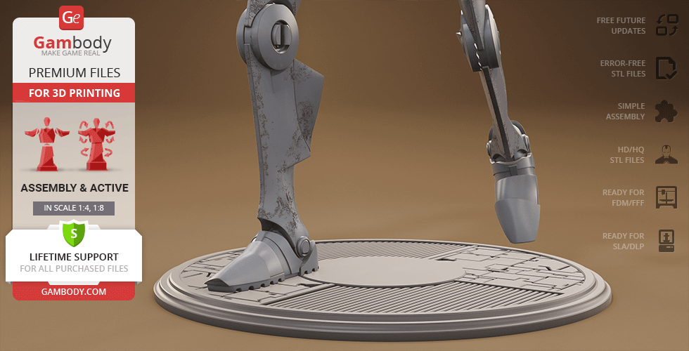 Two robotic legs on a detailed circular platform, designed for 3D printing.
