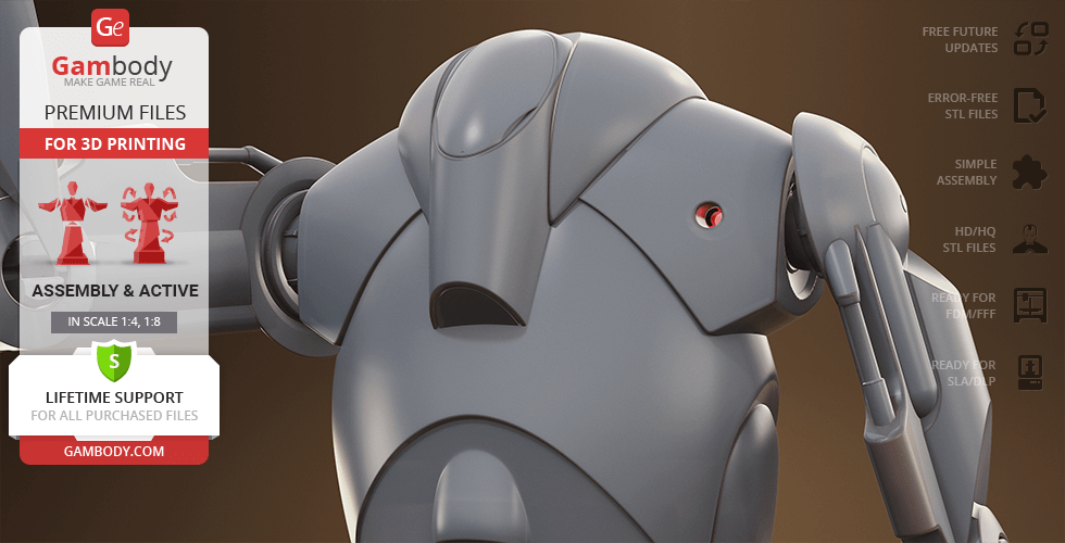 Futuristic gray battle droid model with sleek armor design, viewed from the front.