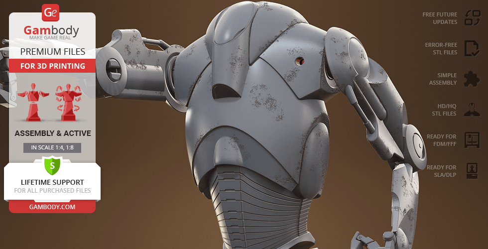 3D model of a battle droid with mechanical details, available for 3D printing.
