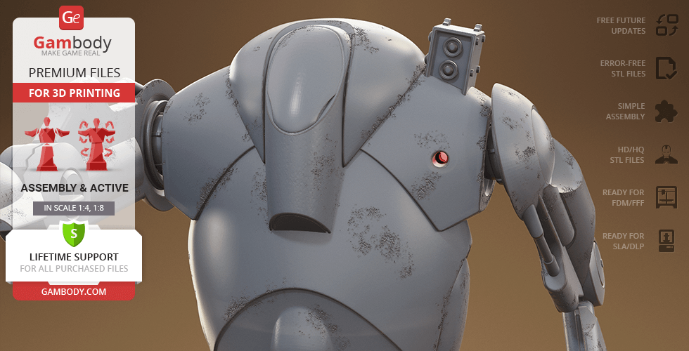A detailed grey battle droid model for 3D printing with a weathered metal finish and red eye sensor.
