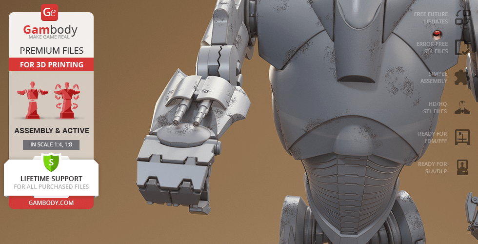 A detailed 3D model of a Super Battle Droid, showing its metallic arm and torso for 3D printing.