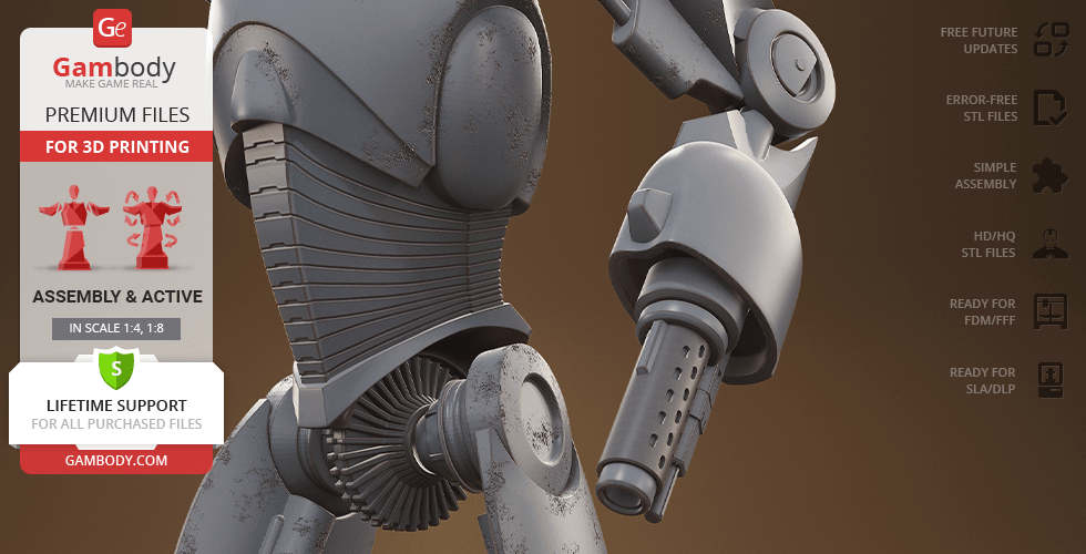 A detailed 3D model of a robotic arm and torso, designed for 3D printing, with mechanical joints and textures.