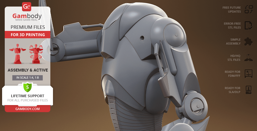 Gray, detailed 3D model of a futuristic battle droid for 3D printing, showcasing mechanical features.