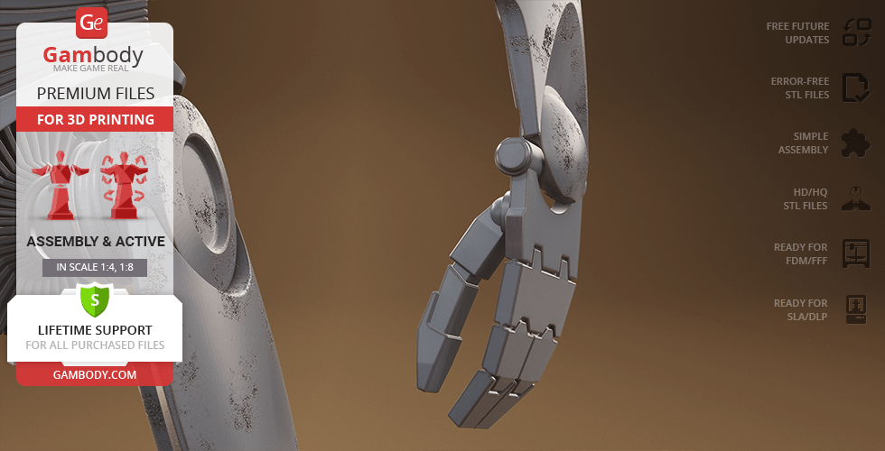 A detailed, weathered design of a Super Battle Droid's arm for 3D printing by Gambody.