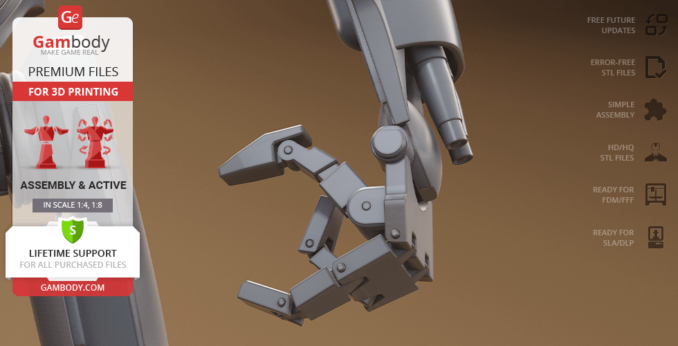 A detailed mechanical arm of a Super Battle Droid for 3D printing, shown with assembly features.
