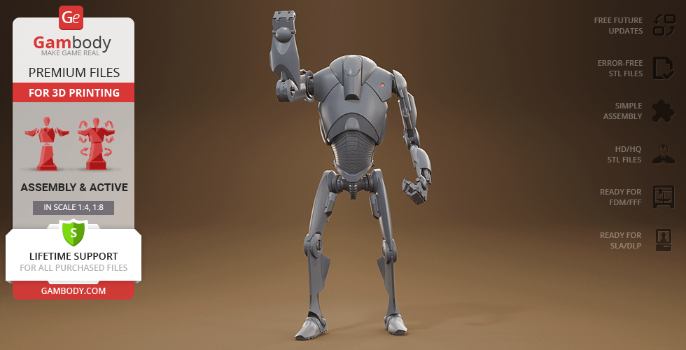 A gray robotic figure with detailed armor, designed for 3D printing, displayed on a brown background.