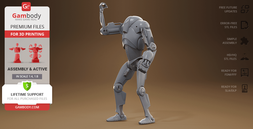 A gray Super Battle Droid 3D model in a dynamic pose, ready for printing from Gambody.