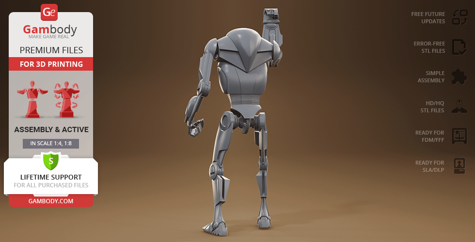 A 3D model of a futuristic battle droid standing with an arm raised, ready for 3D printing.