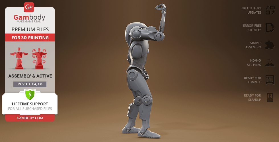 A 3D model of a Super Battle Droid posed mid-stride, with a brown background, designed for 3D printing.