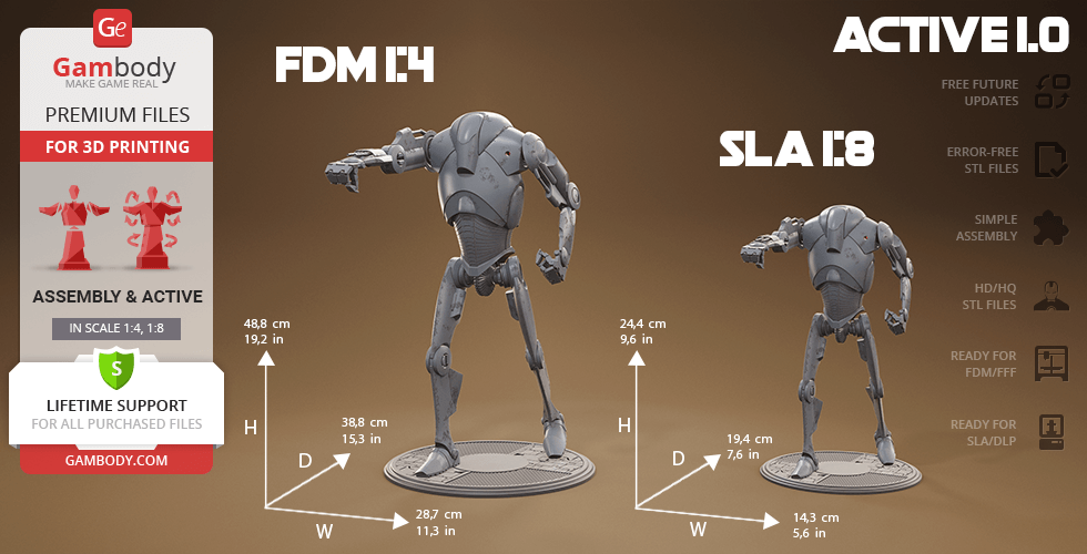 Two detailed Super Battle Droid 3D models in 1:4 and 1:8 scales with dimensions and printing features.