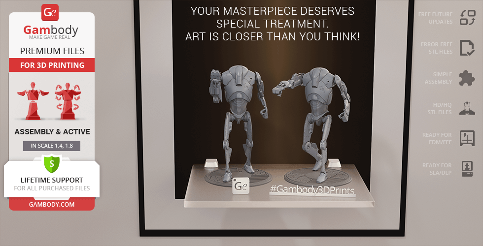 Two detailed Super Battle Droid models on display stands, designed for 3D printing by Gambody.