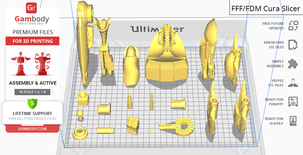3D printing layout for Super Battle Droid model showing various parts on a virtual grid.