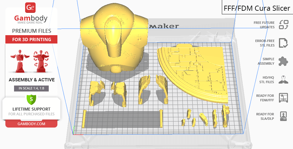 3D printing layout of Super Battle Droid parts on a grid with assembly and support icons.