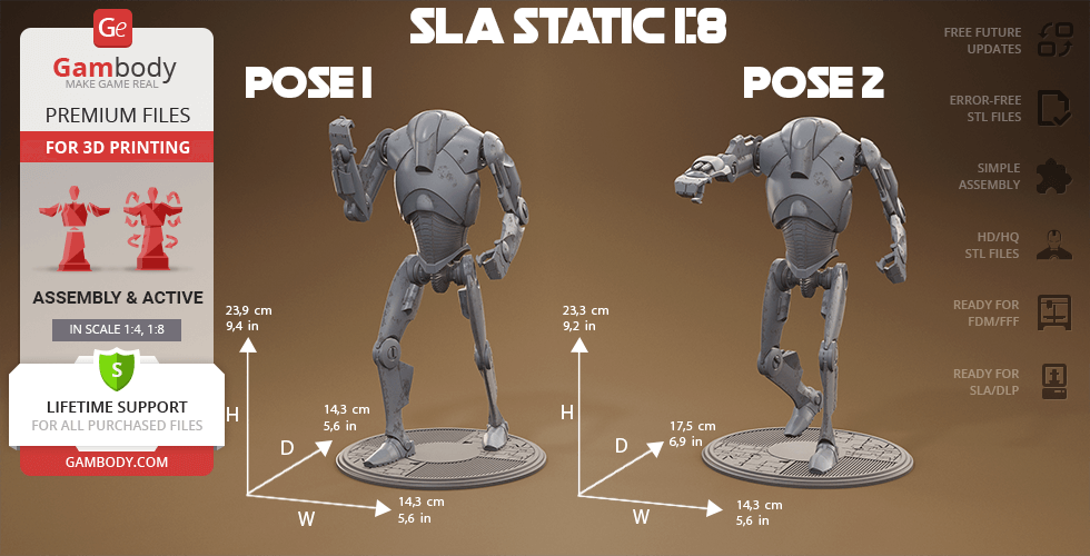Two posed Super Battle Droid 3D models for printing, featuring detailed sci-fi design on bases.
